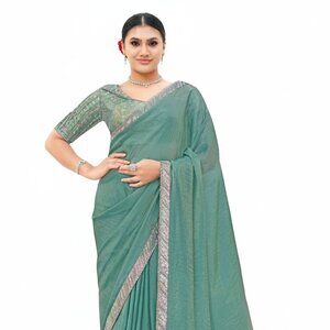 Exquisite Women's Satin Silk Saree with Brocade Jacquard Blouse - Green